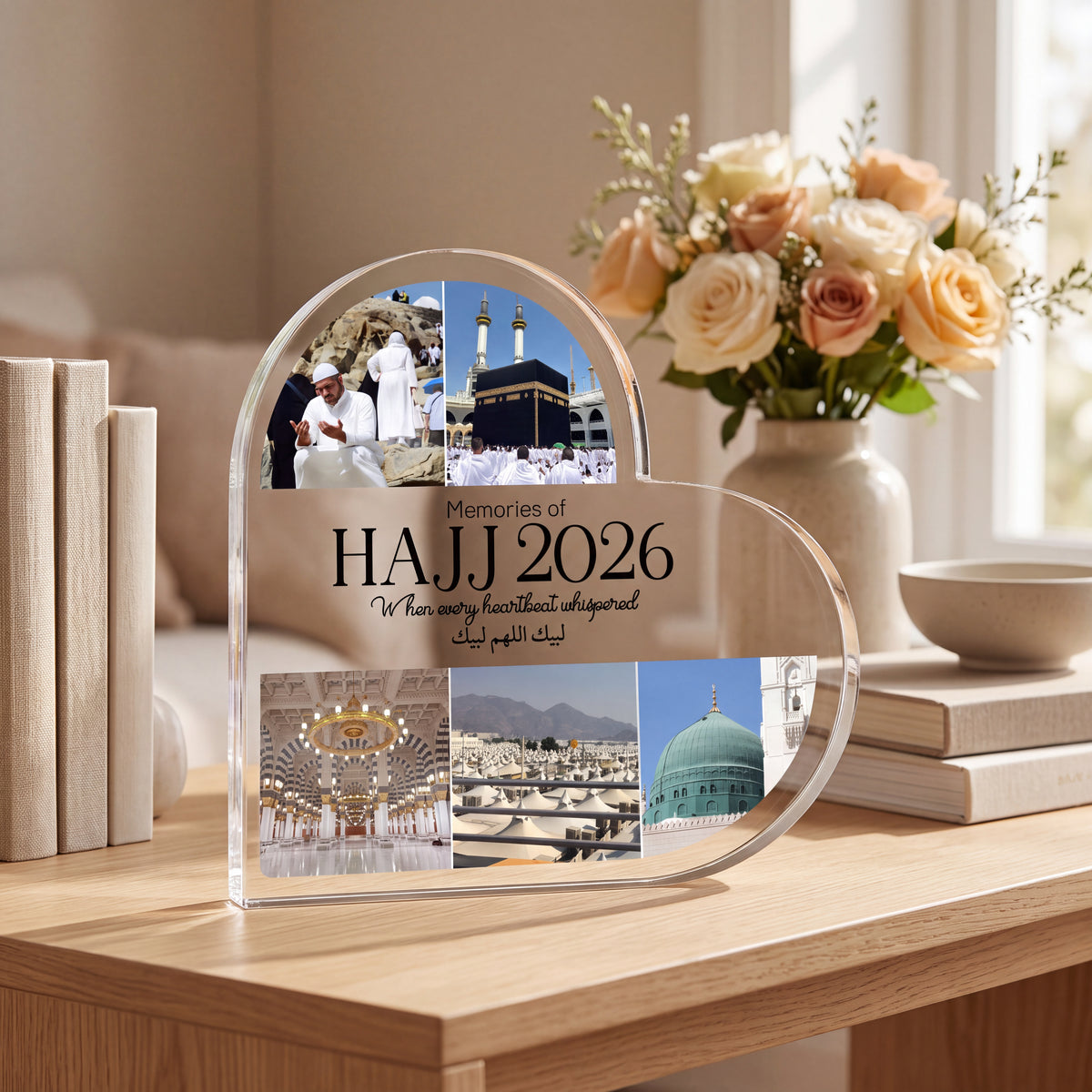 Custom Heart Acrylic Hajj Mubarak Family plaque held in hand
