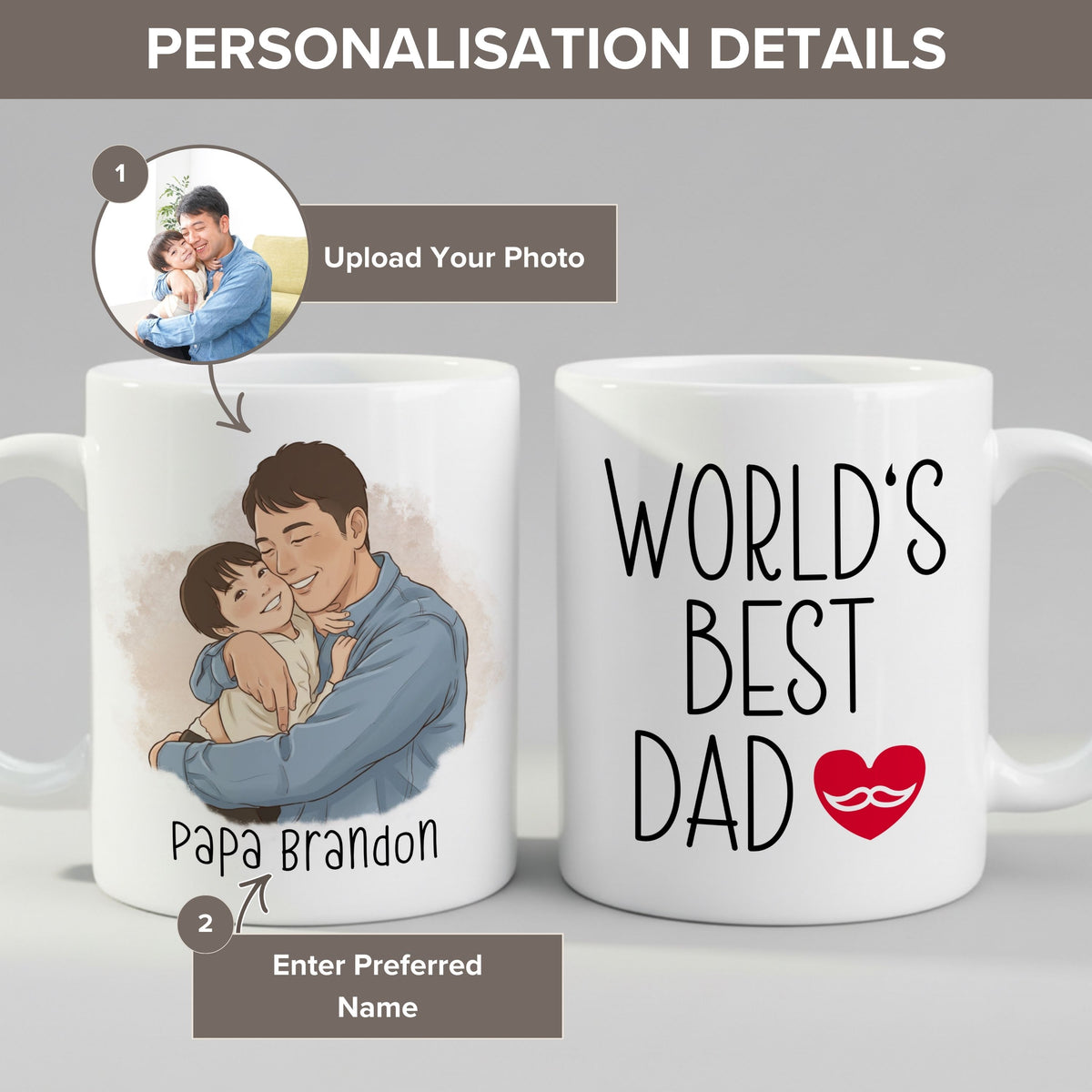 Personalisation guide for the Custom Photo Cartoon Mug for Dad, Father's Day Gift mug — name, photo and text fields