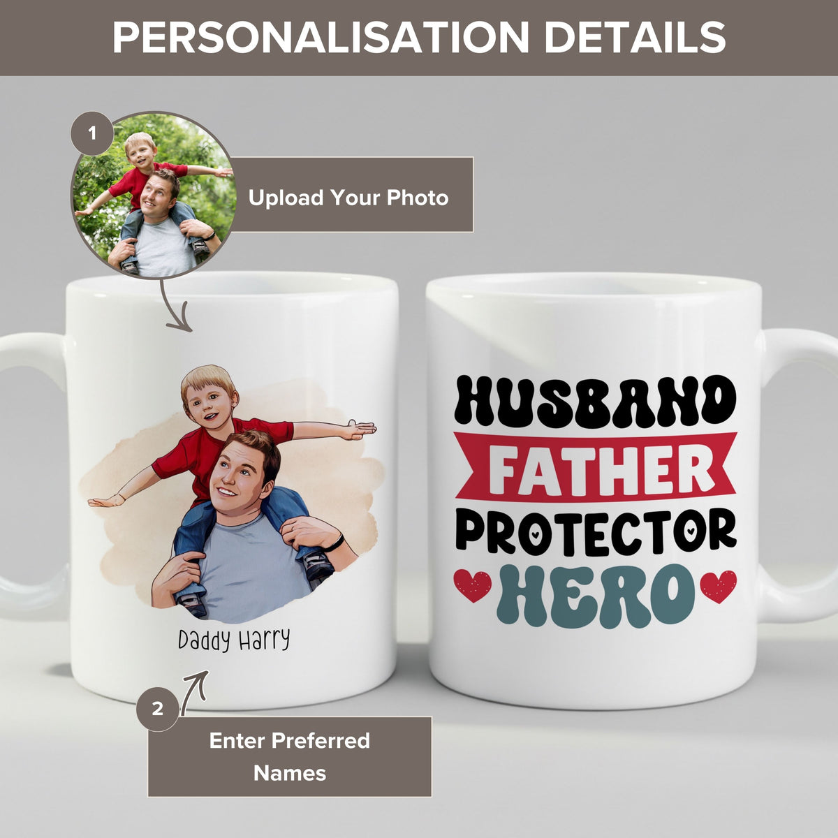 Personalisation guide for the Custom Photo mug — name, photo and text fields