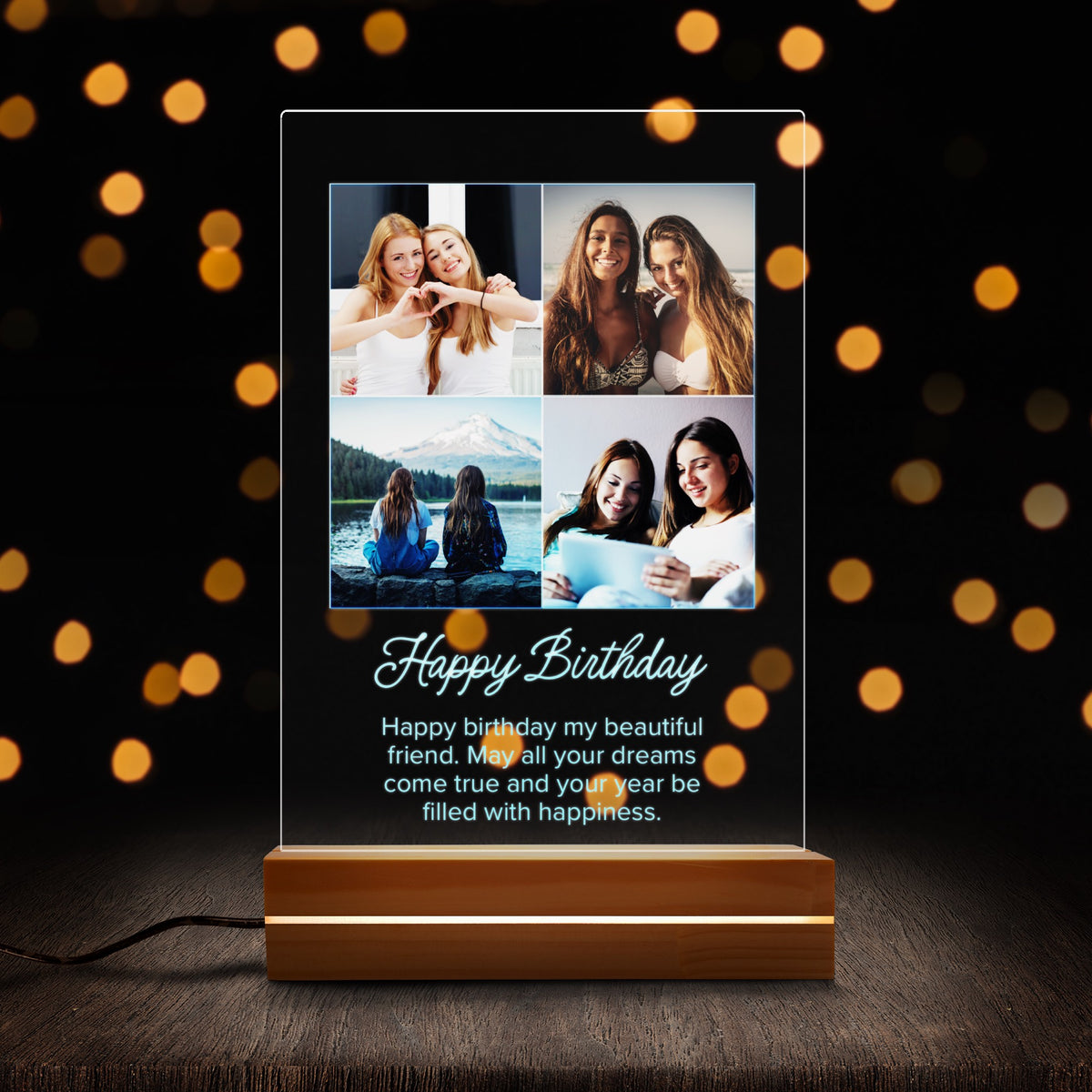 Custom Photo Night Light for Best Friend Birthday night light, front view lit up