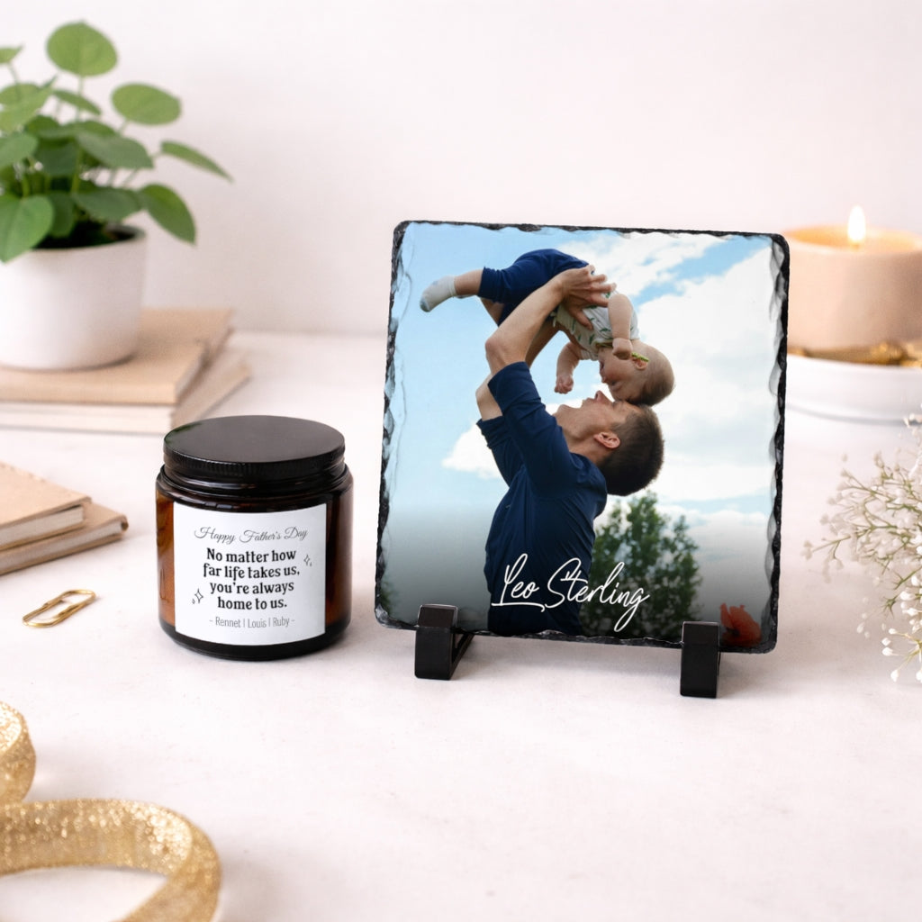 Custom Photo Slate & Candle gift set, front view