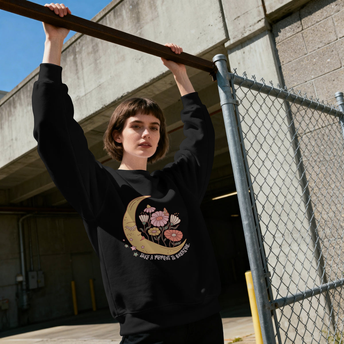 Floral sweatshirt worn in a lifestyle setting