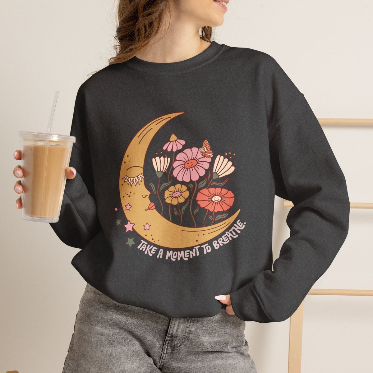 Floral sweatshirt, front view on model