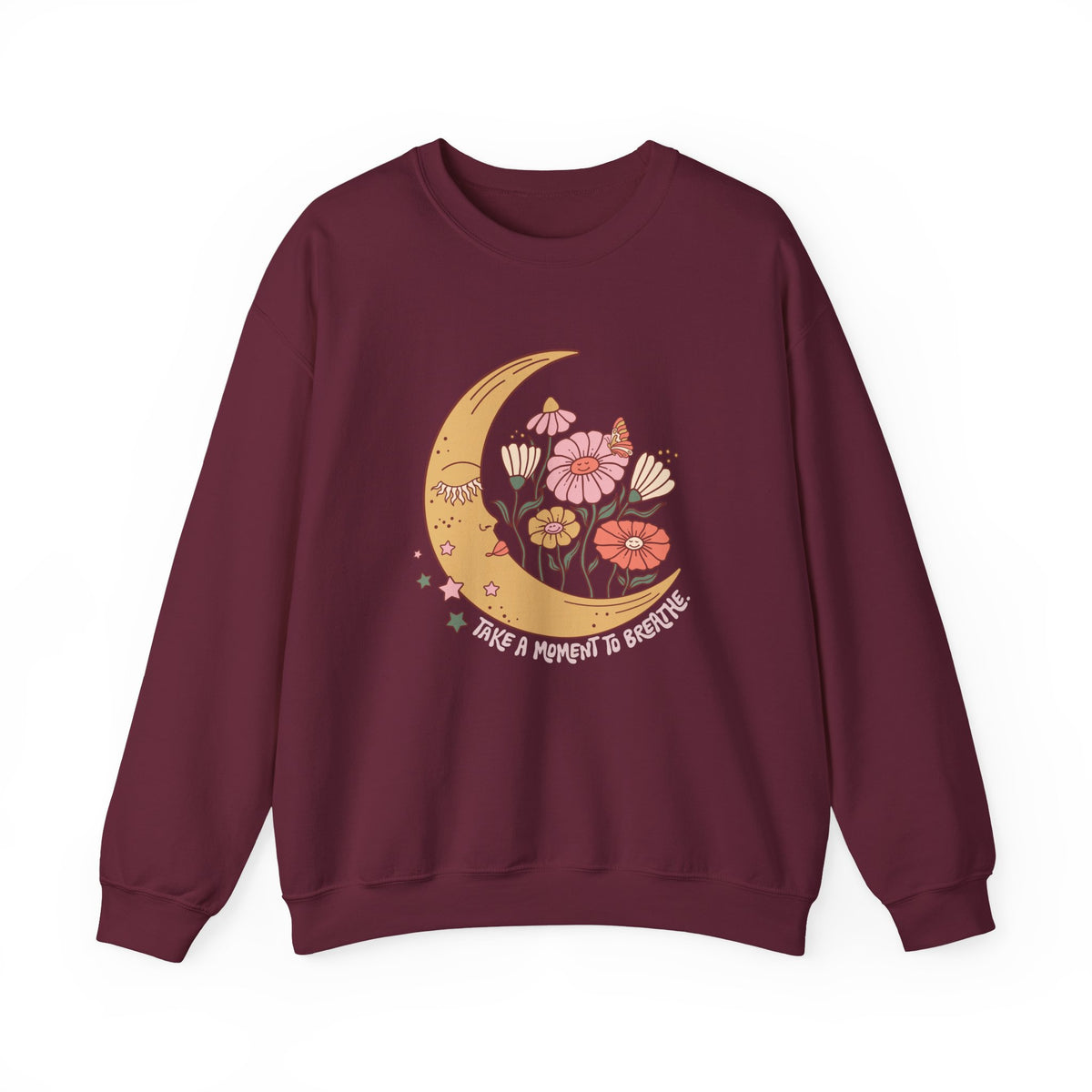 Floral sweatshirt worn by a model, front view