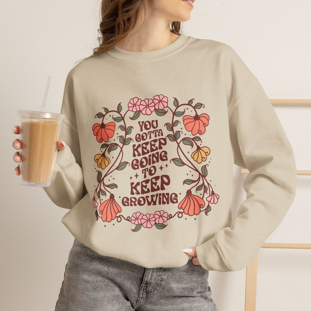 Floral Sweatshirt Gift for Her sweatshirt, front view on model