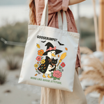 Funny Halloween Witch Goose tote bag in close-up detail