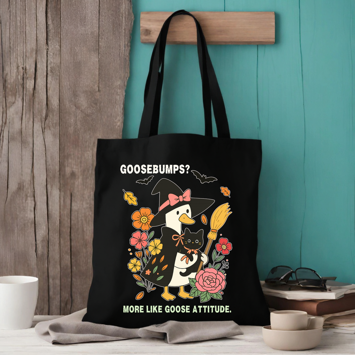Funny Halloween Witch Goose tote bag from a side angle