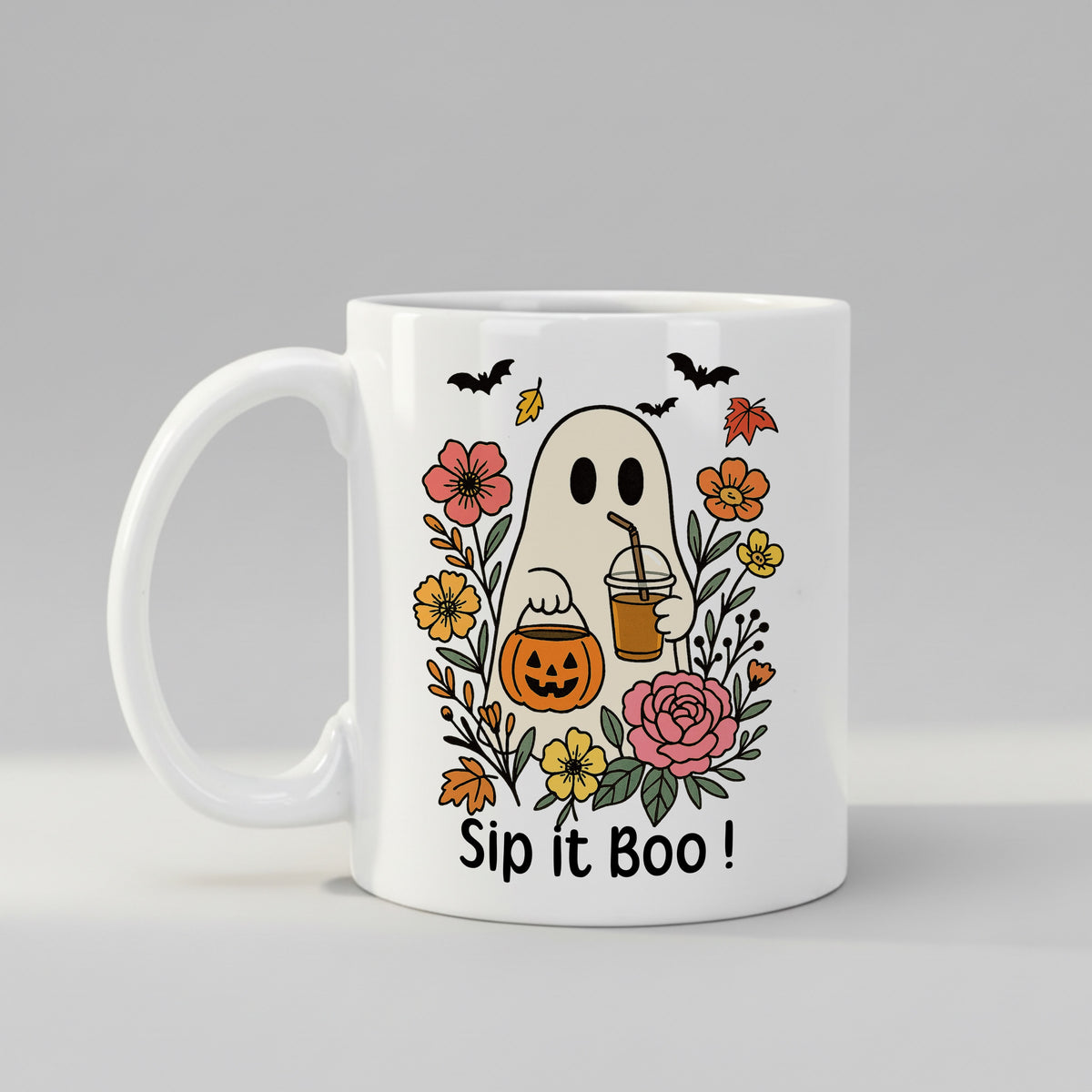 Halloween Ghost Coffee mug, front view on white background