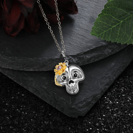 Halloween Daisy Skull Pendant Necklace with Birthstone