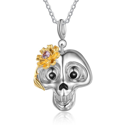 Halloween Daisy Skull Pendant Necklace with Birthstone