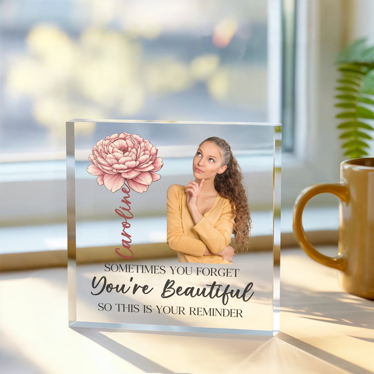 Personalised Acrylic Photo plaque, front view on white background