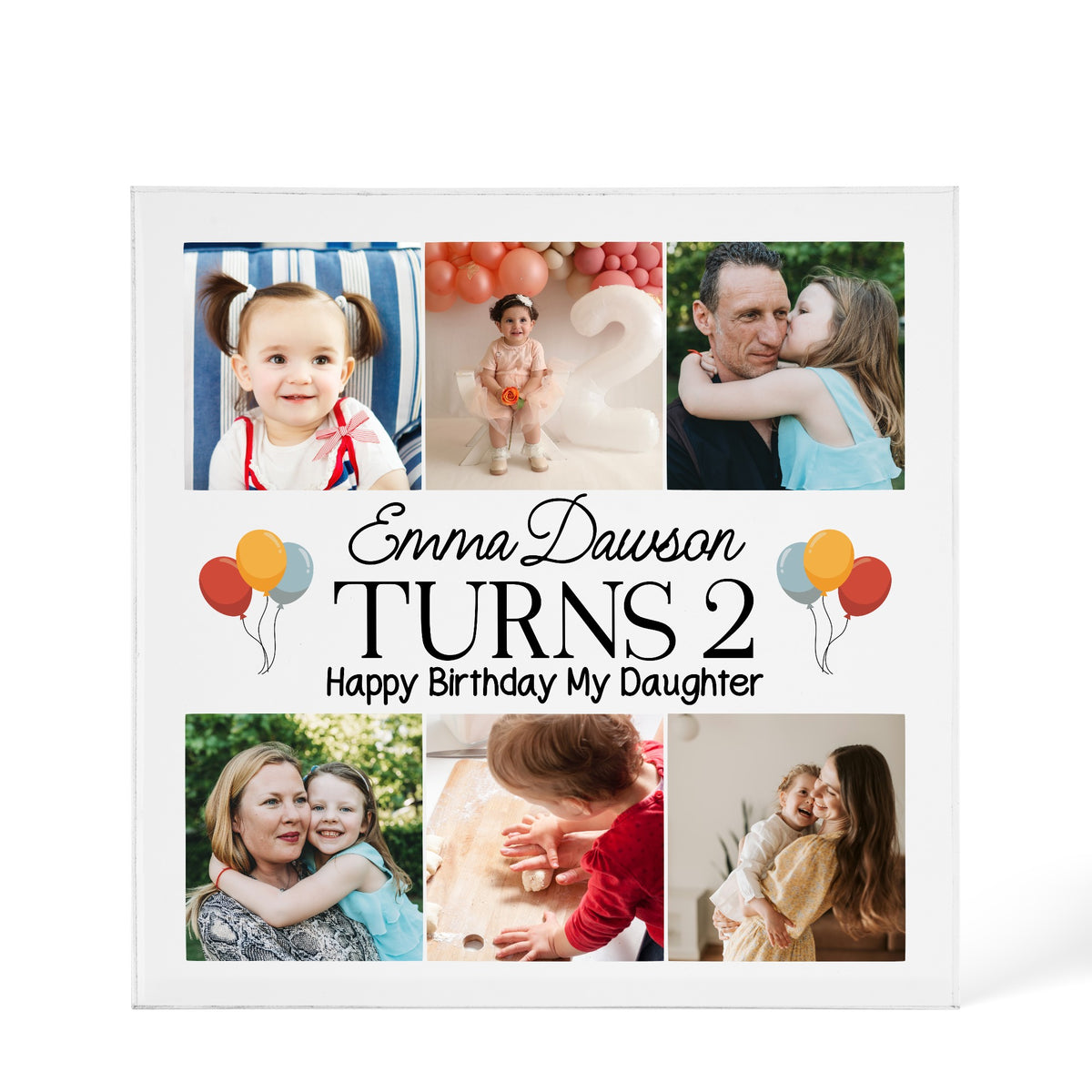 Personalised Acrylic design shown as a 6x6 acrylic block version