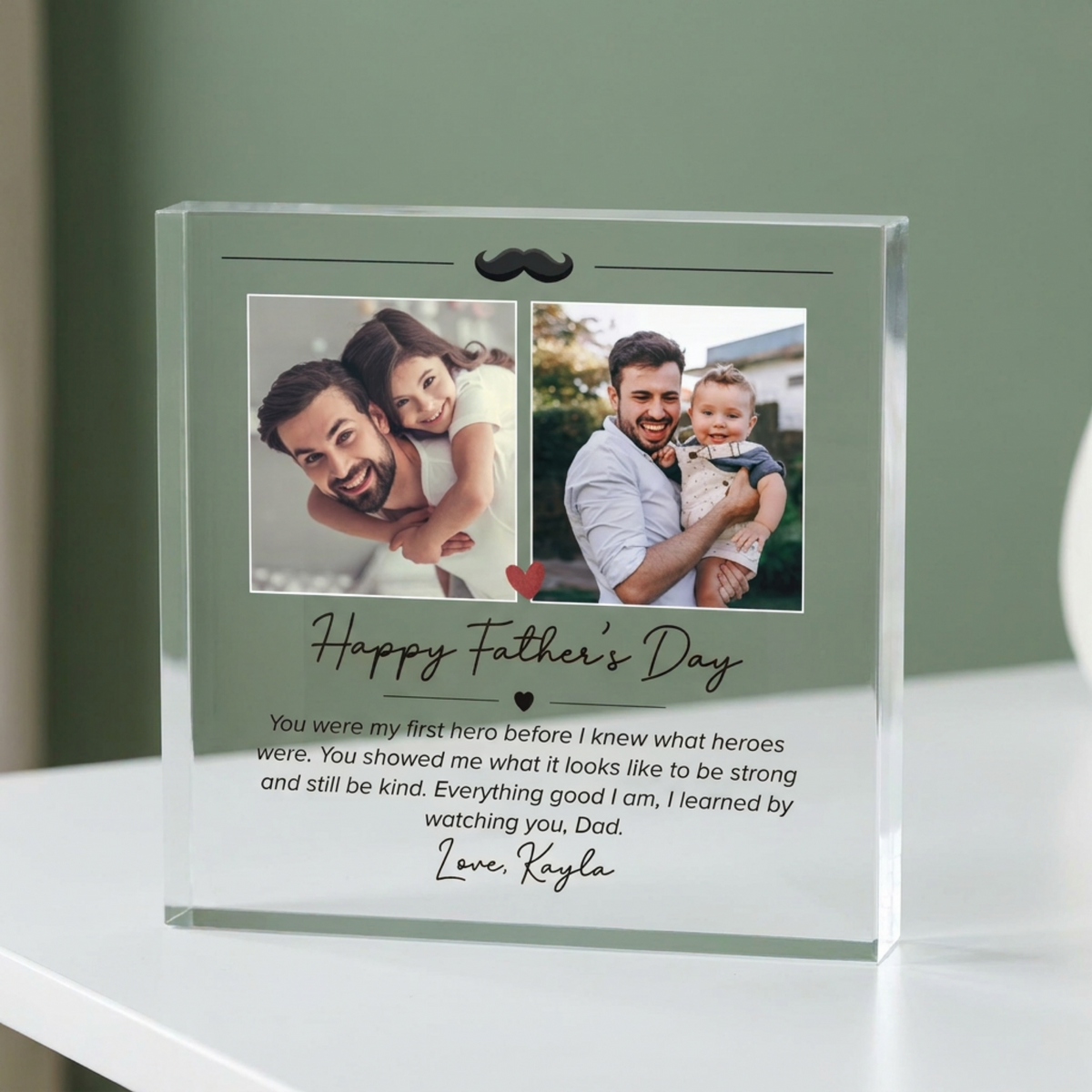 Personalised Acrylic Father's plaque from a side angle