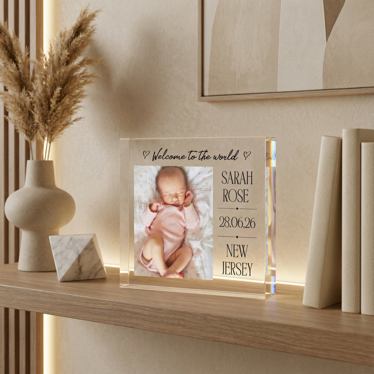 Personalised Baby Name Acrylic plaque in close-up detail