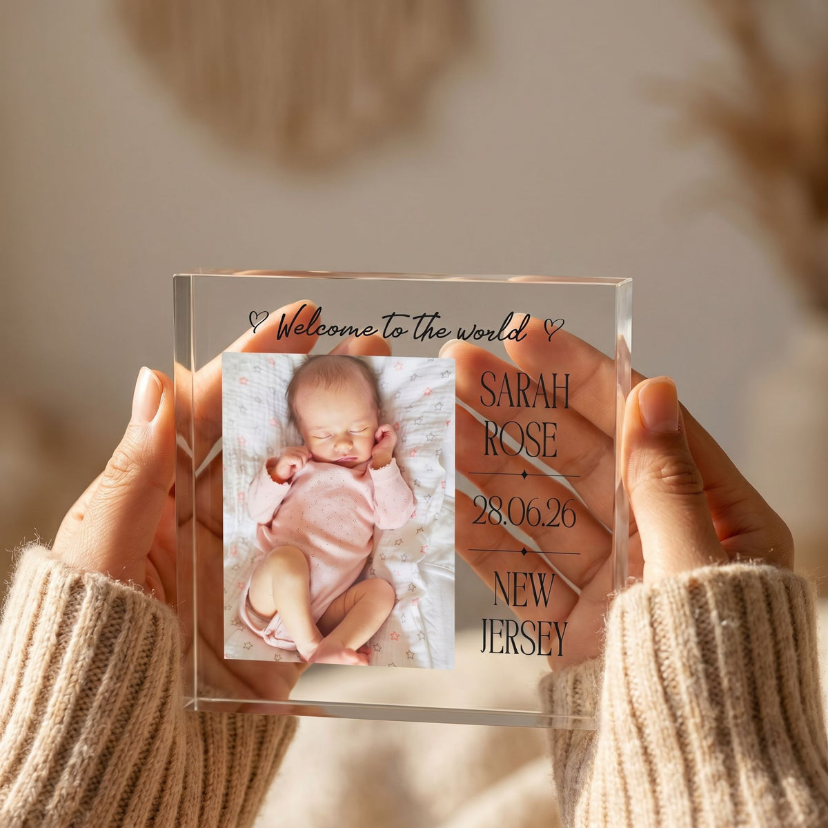 Personalised Baby Name Acrylic plaque held in hand