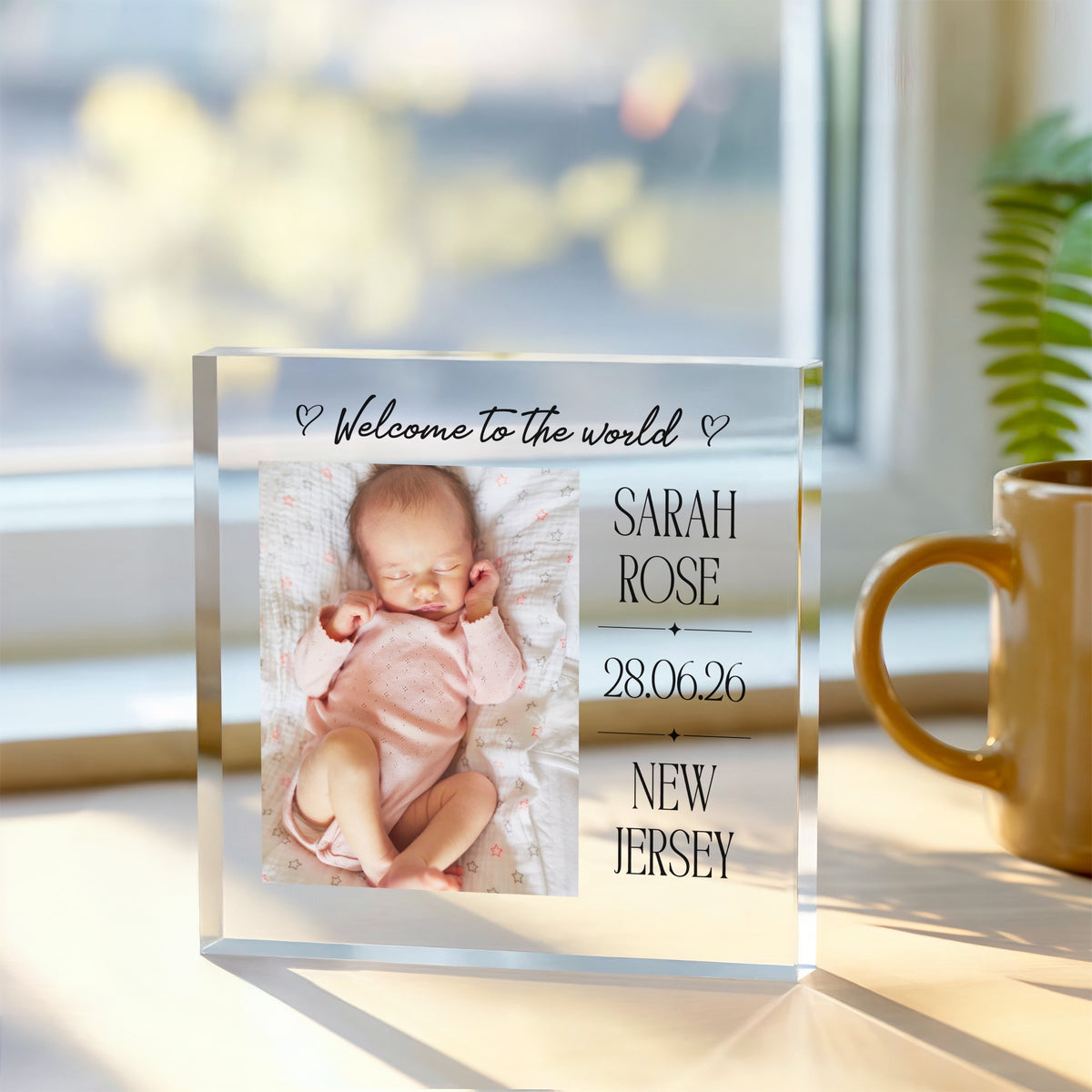 Personalised Baby Name Acrylic plaque, front view on white background