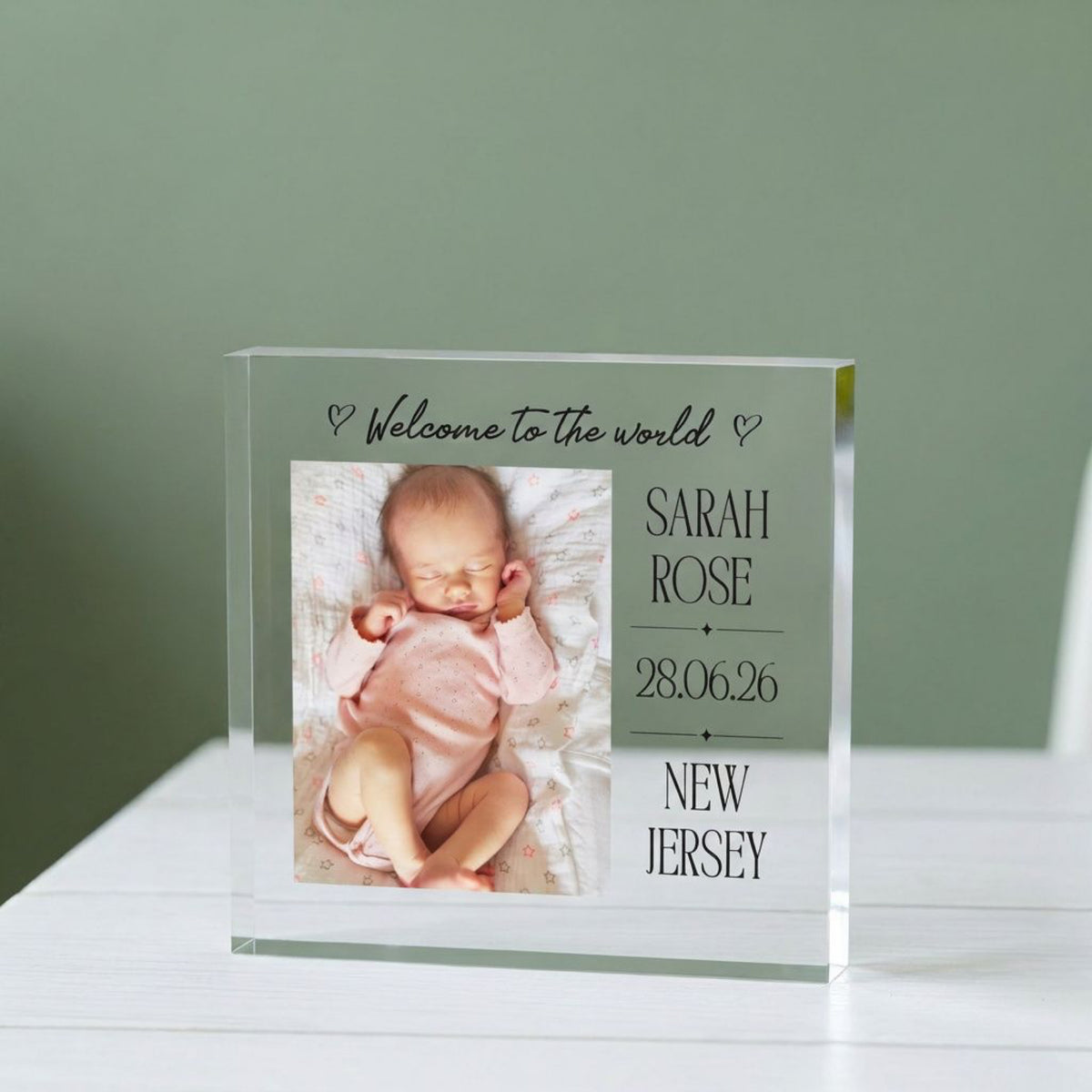 Personalised Baby Name Acrylic plaque from a side angle