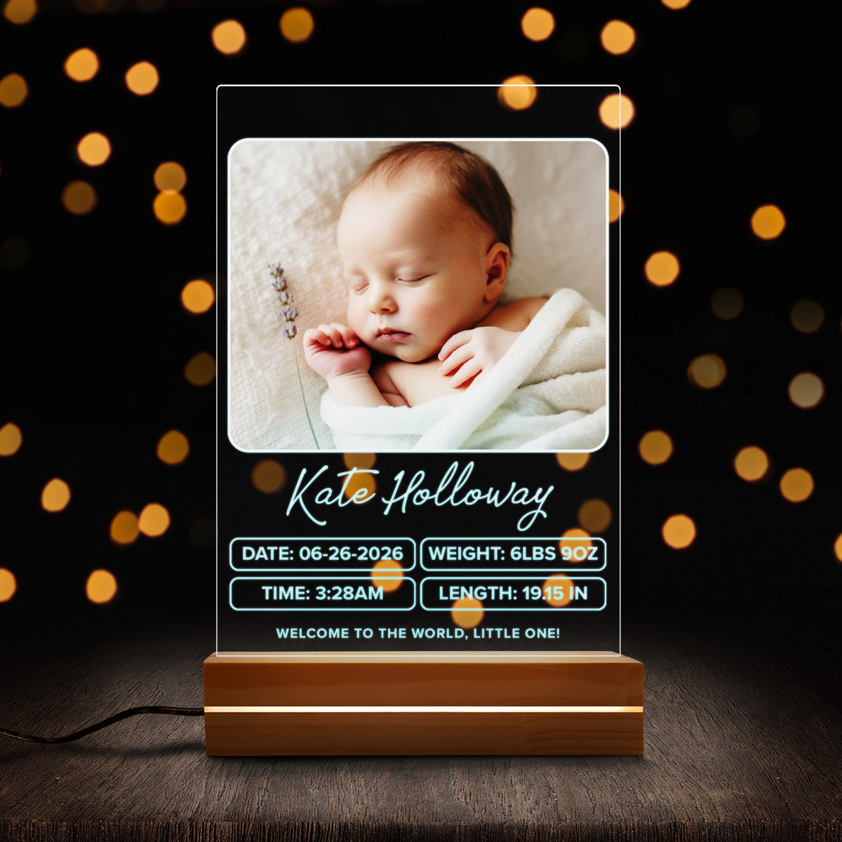 Personalised Baby night light, front view lit up