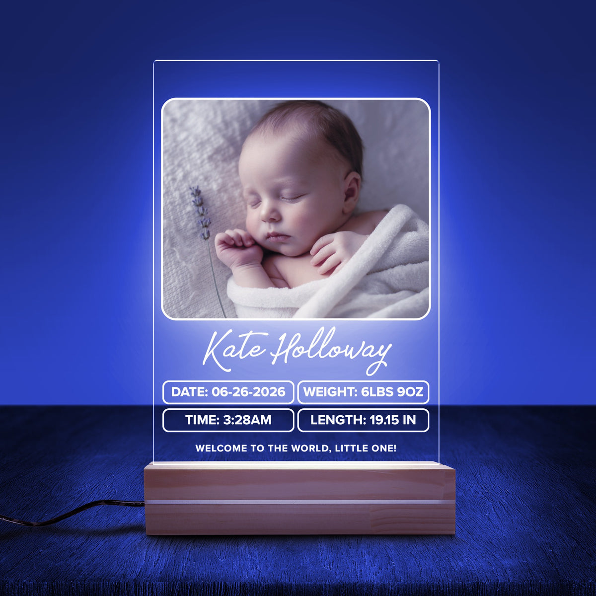 Personalised Baby night light styled on a table setting