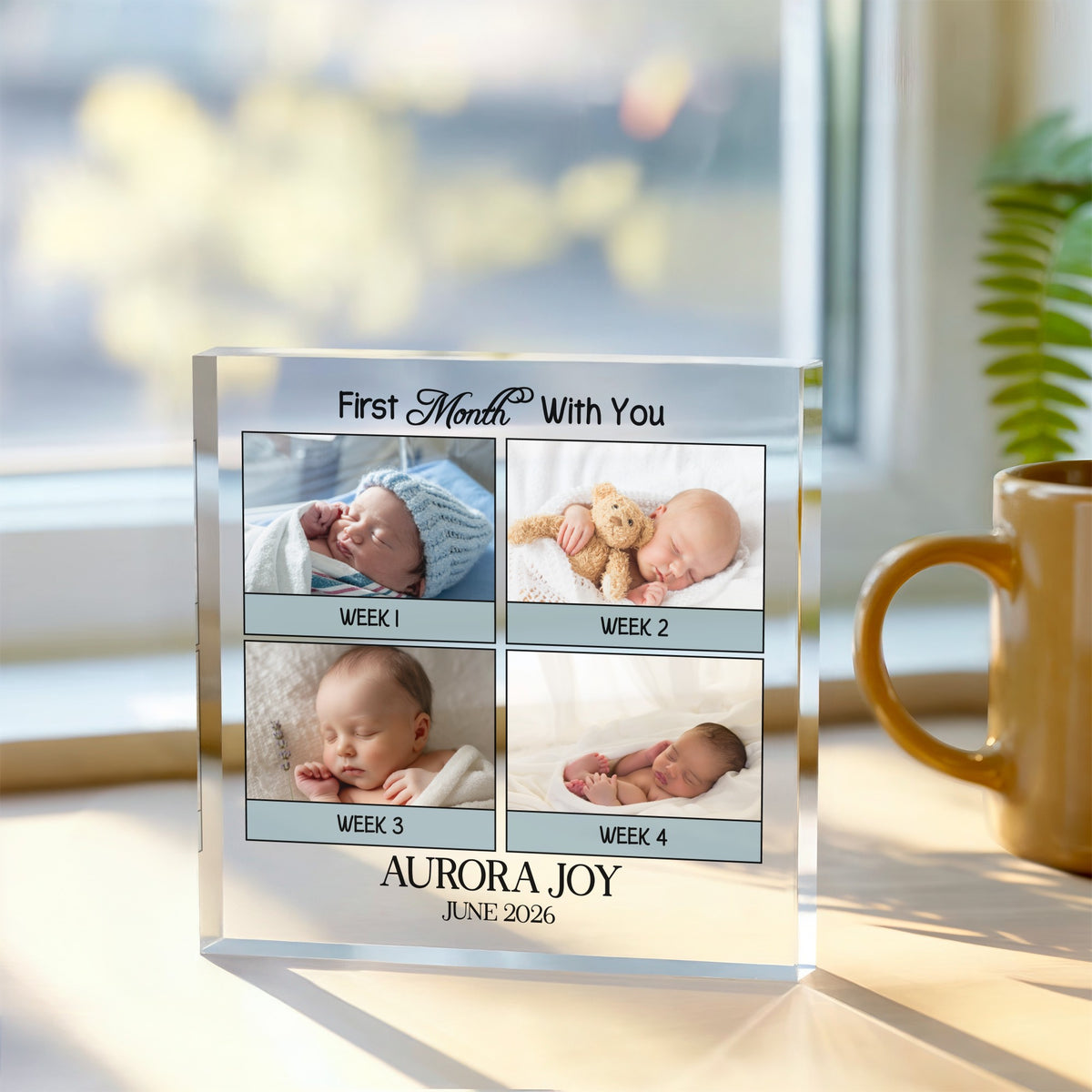 Personalised Baby Photo plaque, front view on white background
