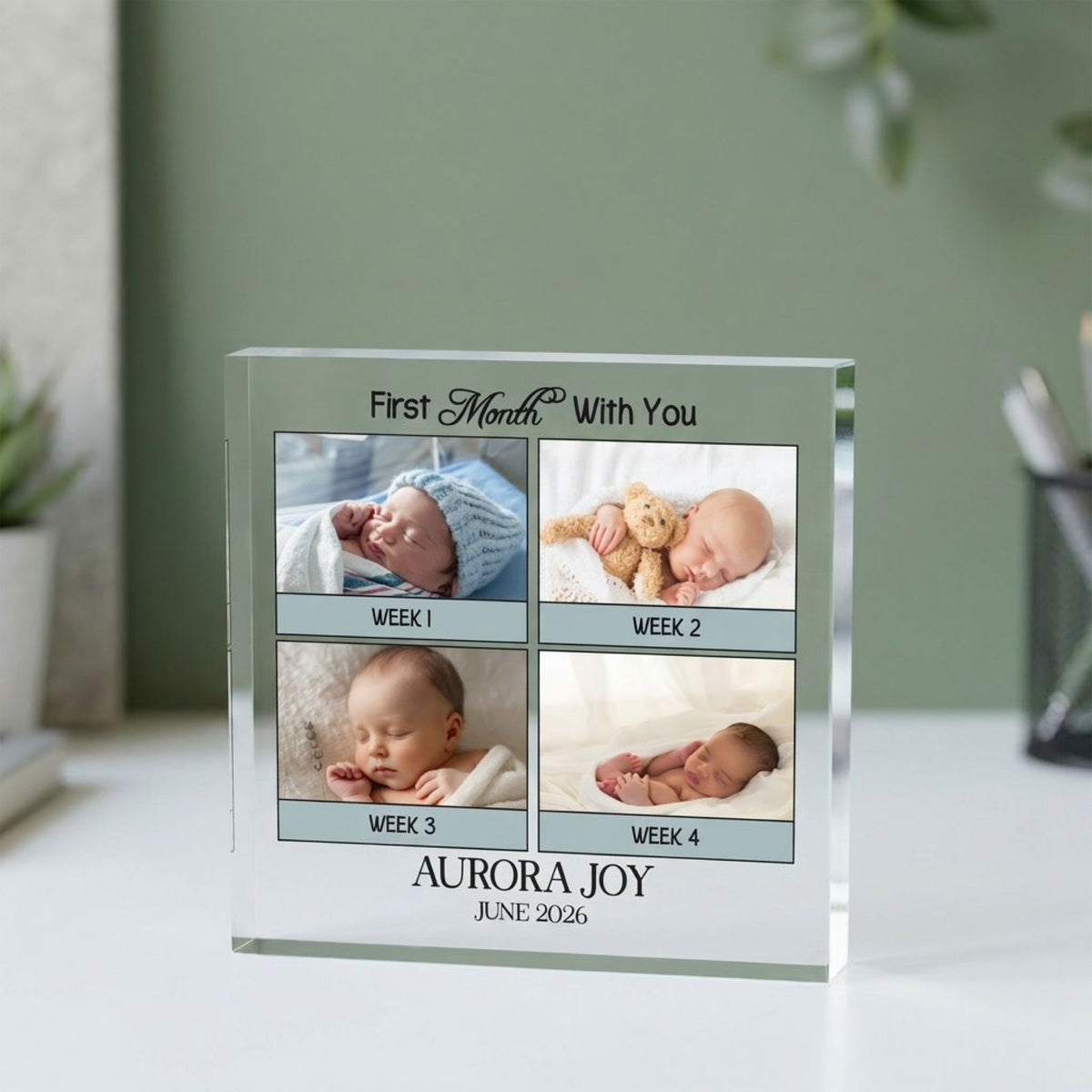 Personalised Baby Photo plaque from a side angle