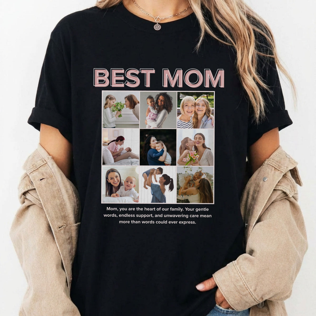Personalised Best Mom Photo Collage Shirt shirt, front view on model