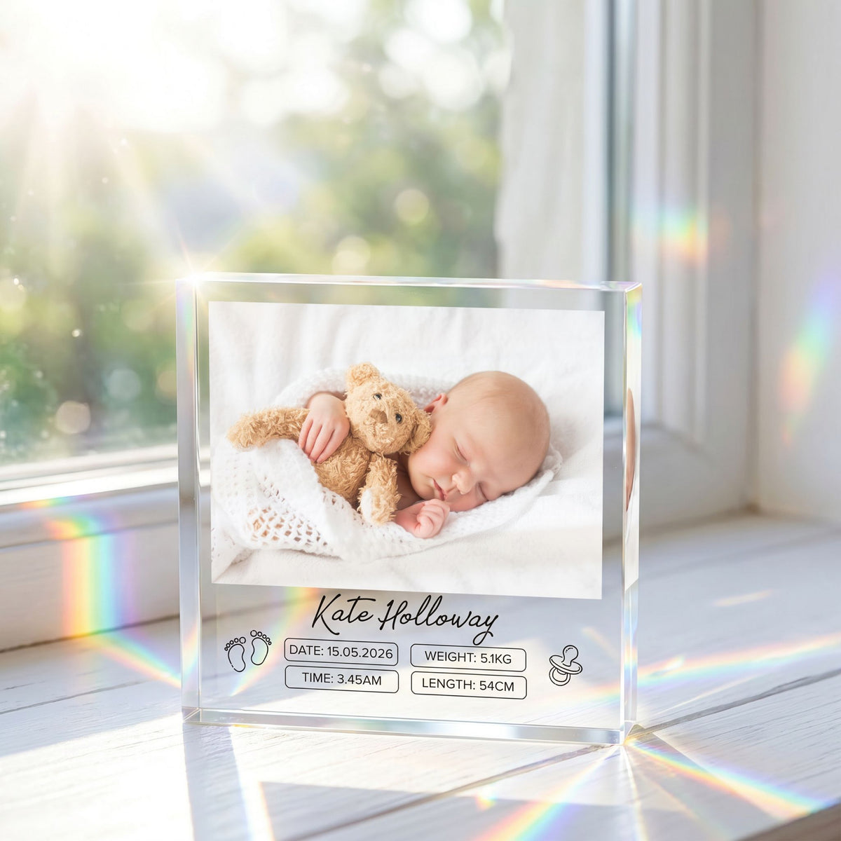 Personalised Birth Stats Acrylic plaque held in hand