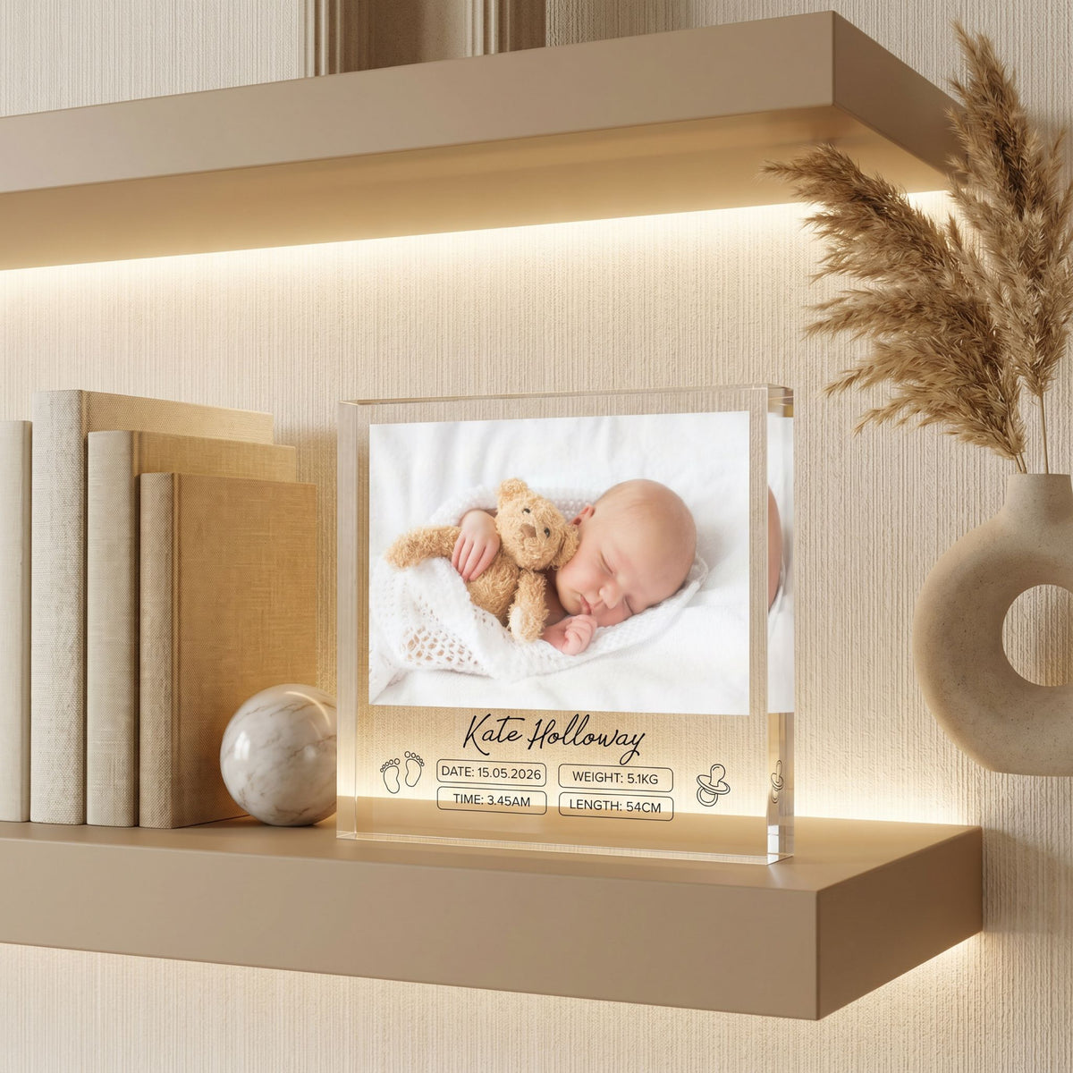 Personalised Birth Stats Acrylic plaque in a lifestyle setting