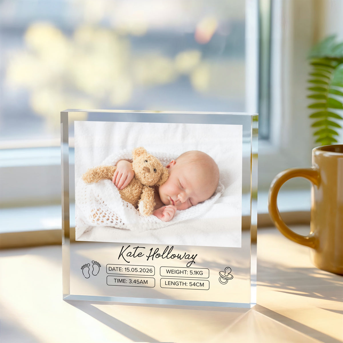 Personalised Birth Stats Acrylic plaque, front view on white background