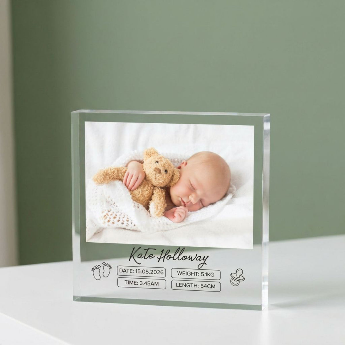 Personalised Birth Stats Acrylic plaque from a side angle
