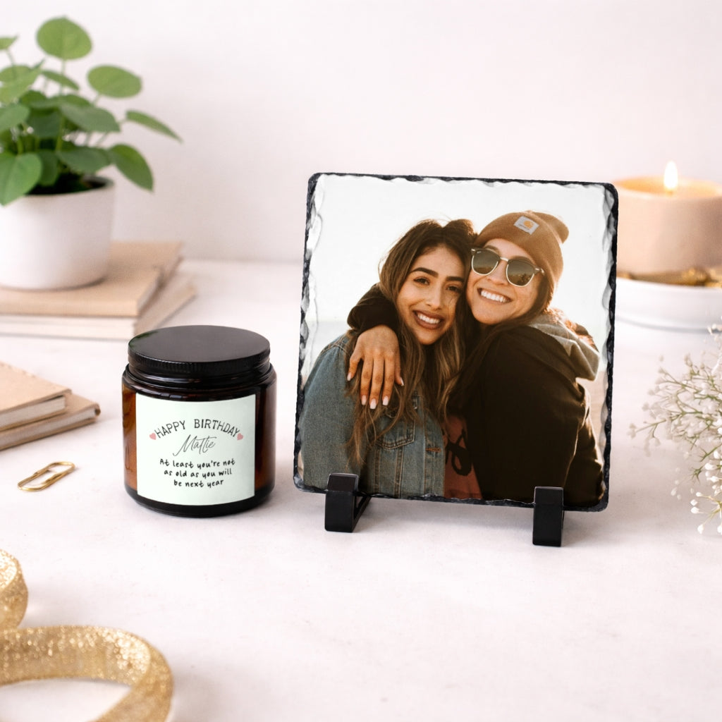 Personalised Birthday Candle & Photo Slate gift set, front view