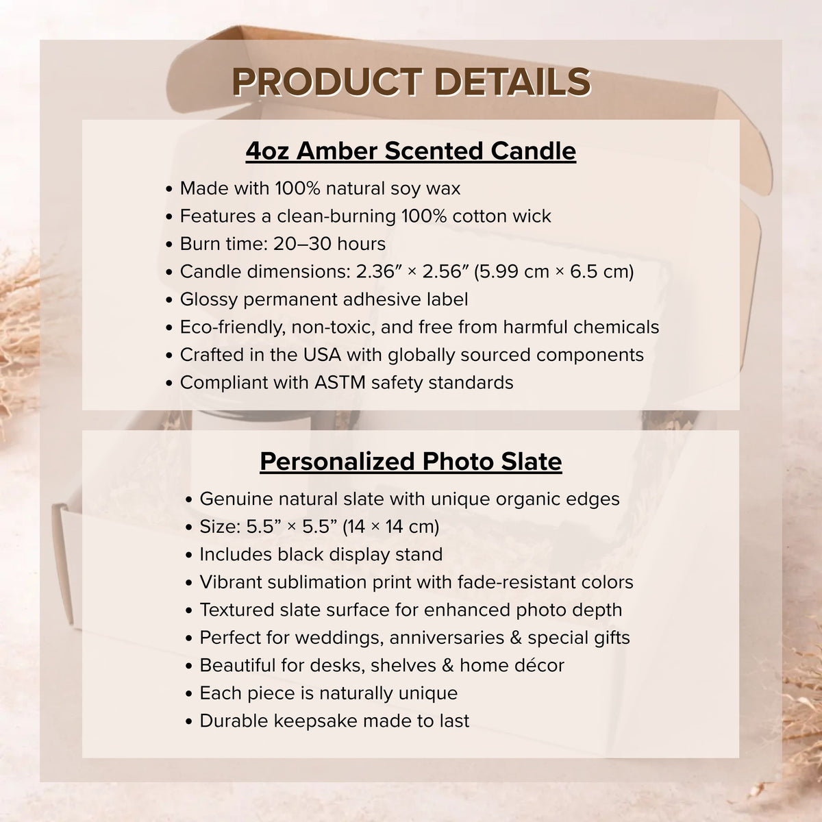 Product details for the Personalised Birthday Candle & Photo Slate gift set