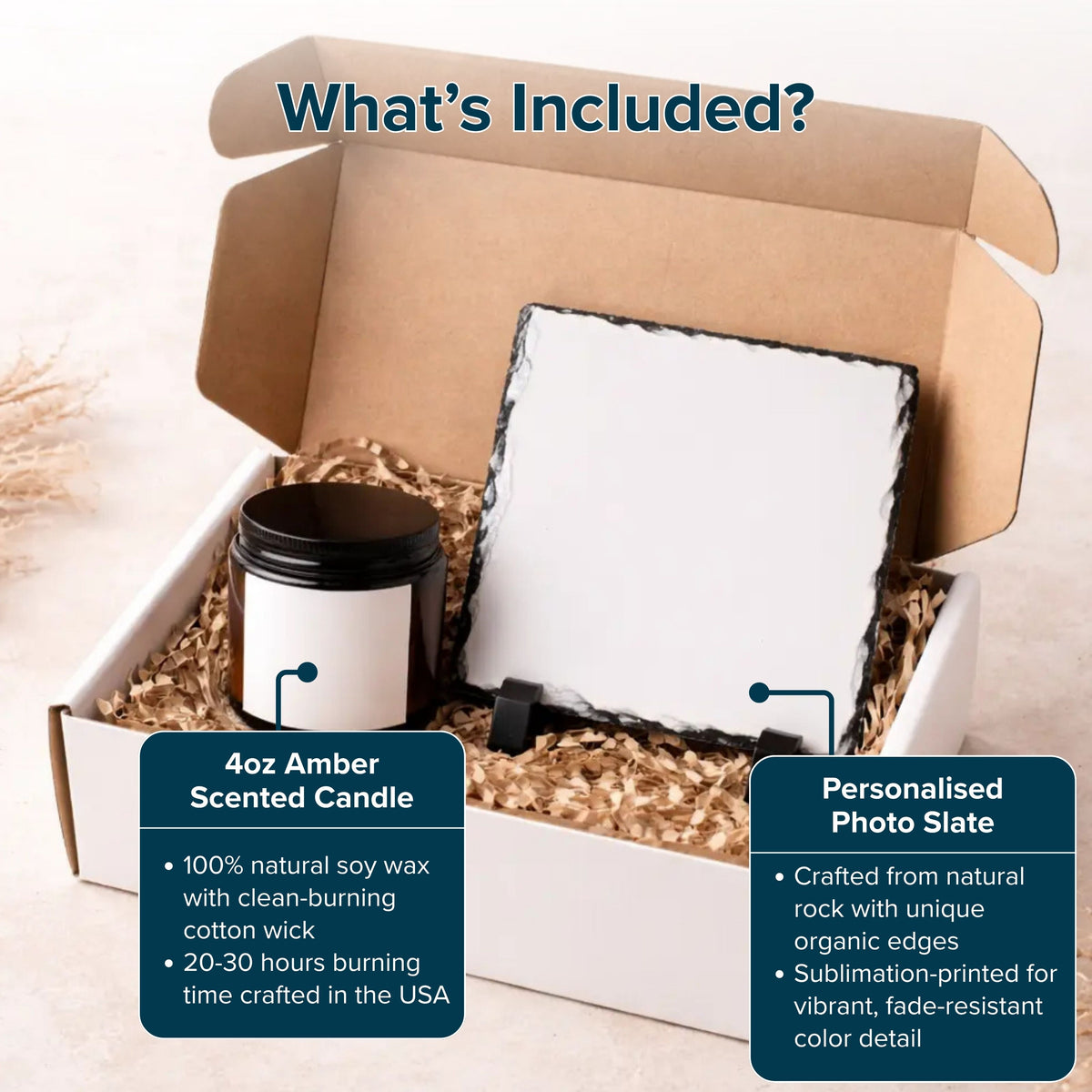 What's included in the Personalised Birthday Candle & Photo Slate gift set