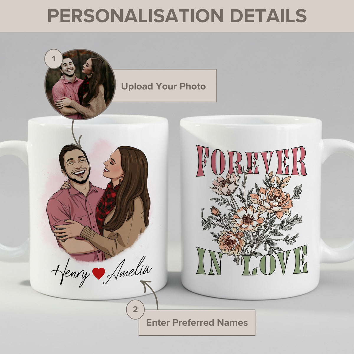 Personalised Cartoon Couple Anniversary Couple mug in close-up detail