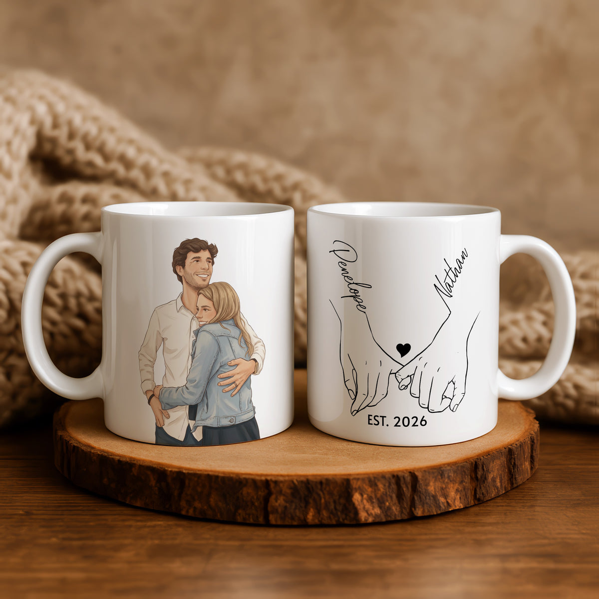 Personalised Cartoon Couple Photo Holding Hands mug held in hand