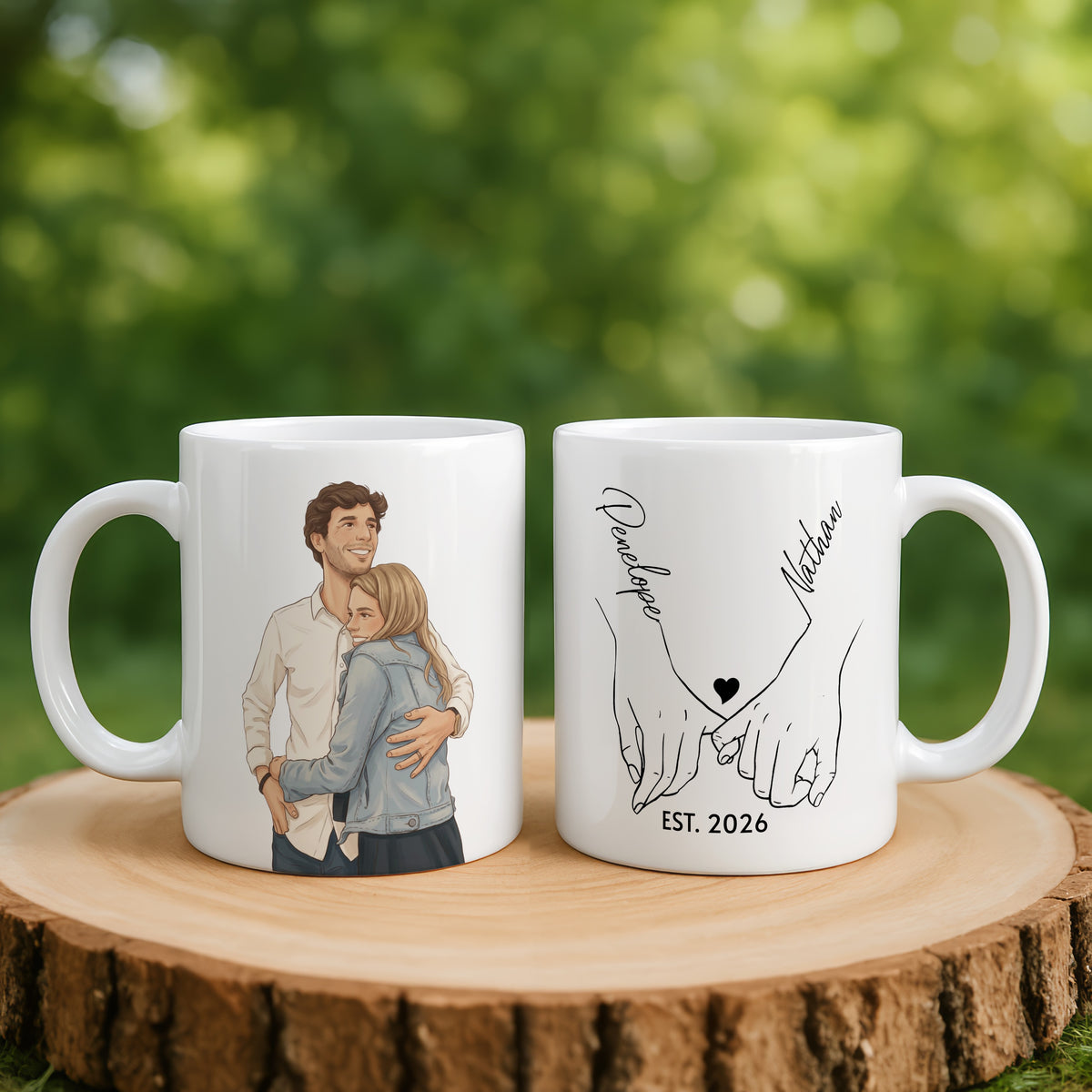 Personalised Cartoon Couple Photo Holding Hands mug in a lifestyle setting