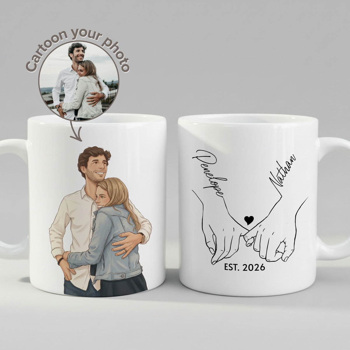 Personalised Cartoon Couple Photo Holding Hands mug, front view on white background