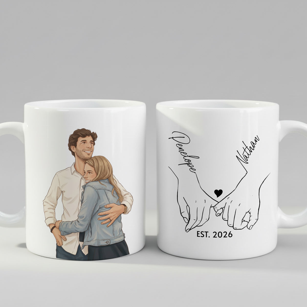 Personalised Cartoon Couple Photo Holding Hands mug from a side angle