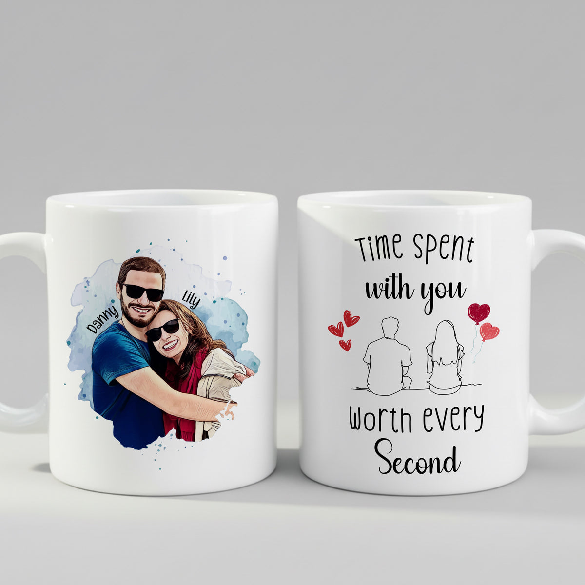 Personalised Cartoon Couple Couple mug from a side angle
