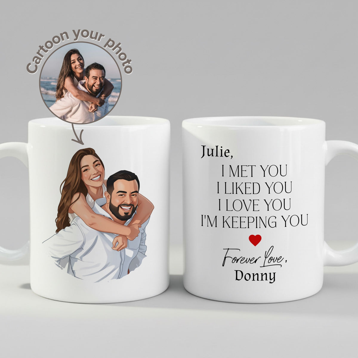 Personalised Cartoon Couple mug, front view on white background