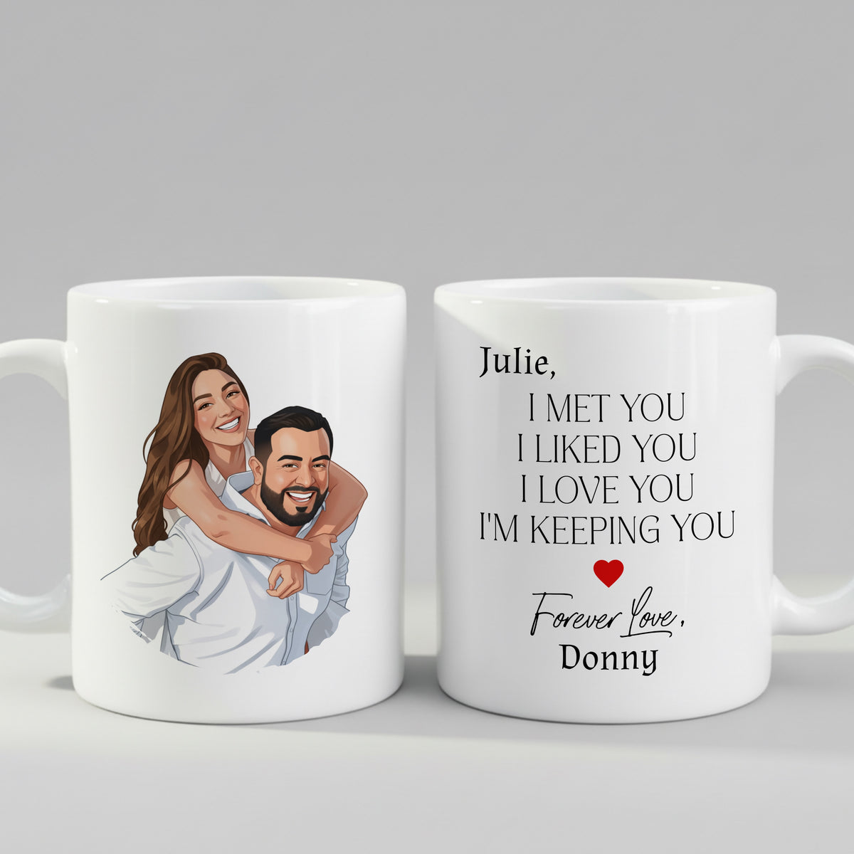 Personalised Cartoon Couple mug from a side angle