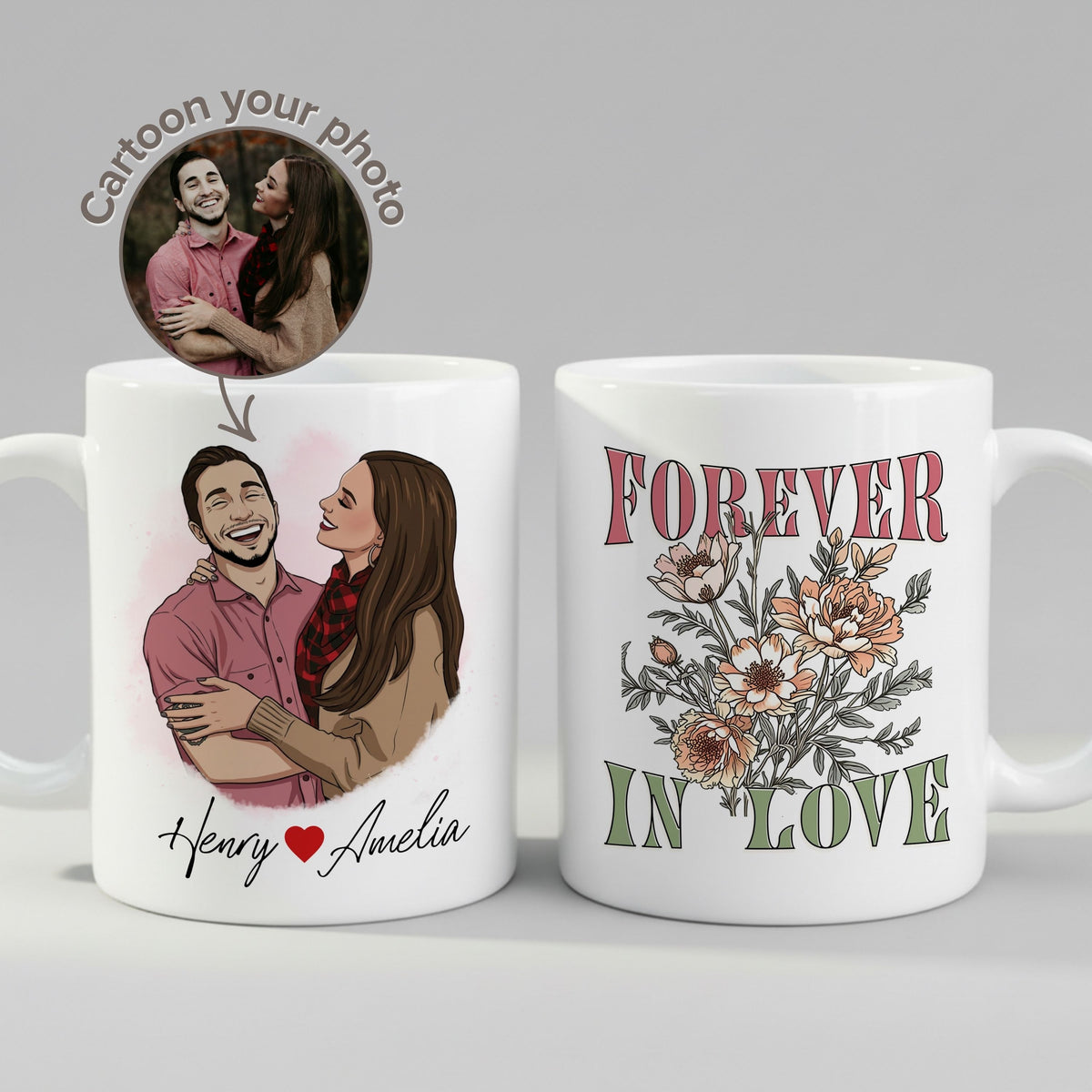 Personalised Cartoon Couple Anniversary Couple mug, front view on white background