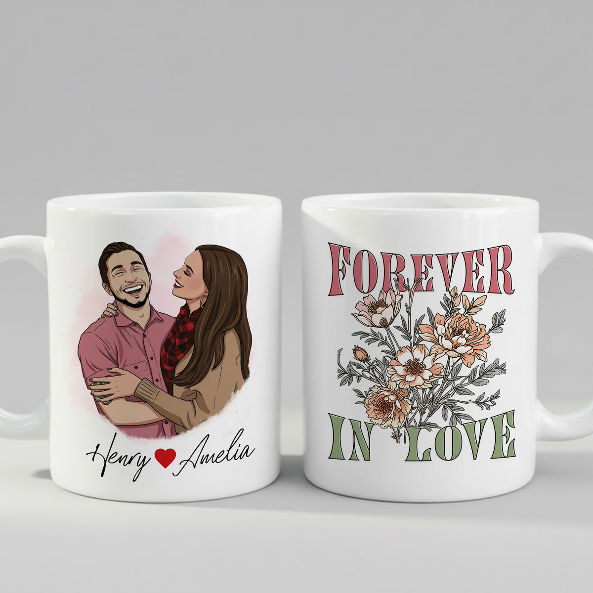 Personalised Cartoon Couple Anniversary Couple mug from a side angle
