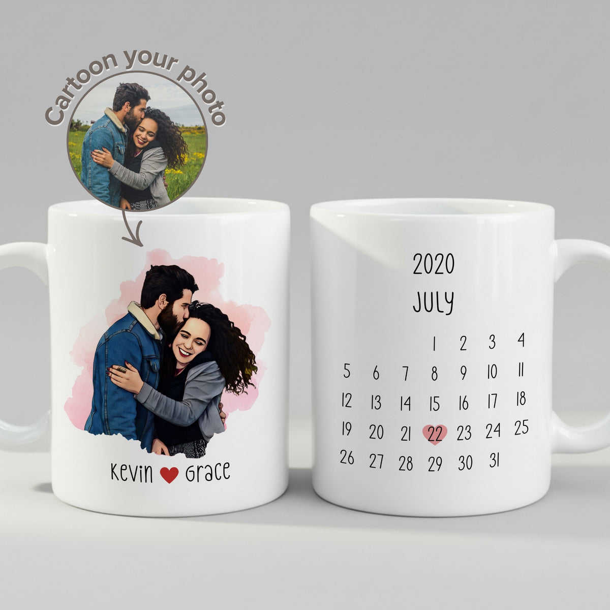Personalised Cartoon Couple Photo mug, front view on white background