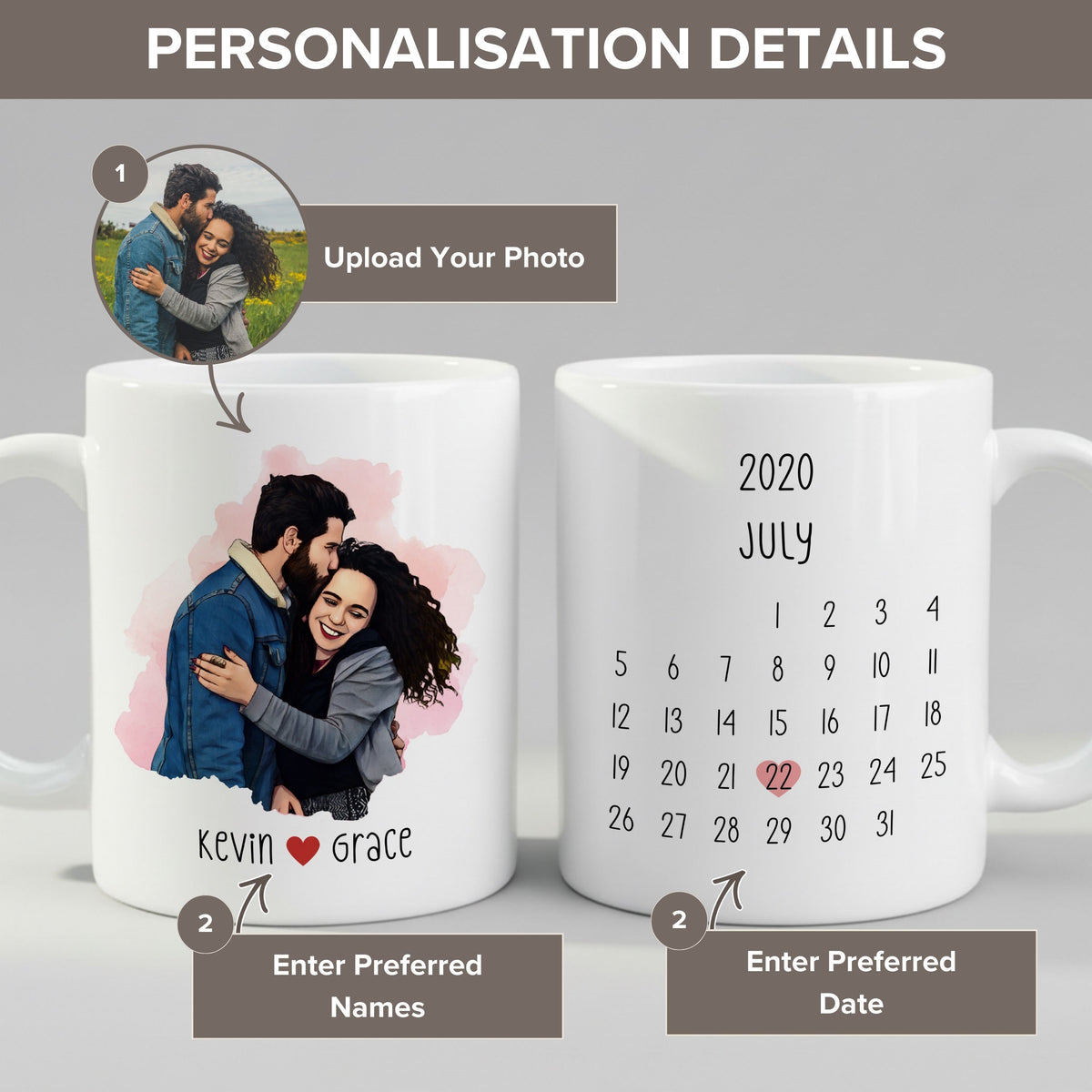 Personalisation guide for the Personalised Cartoon Couple Photo mug — name, photo and text fields