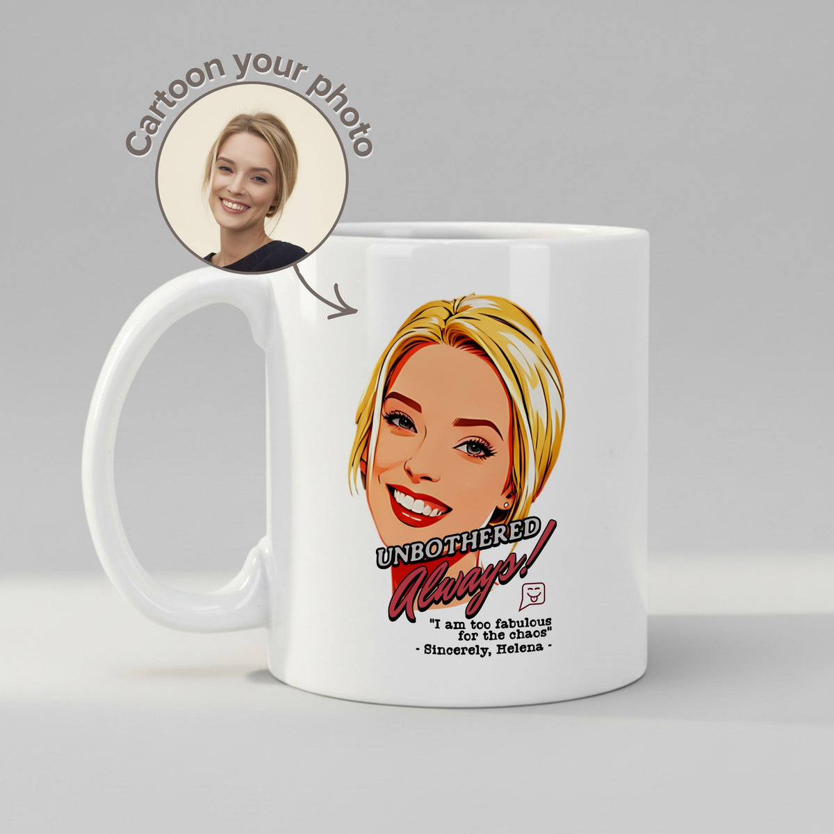 Personalised Cartoon mug, front view on white background