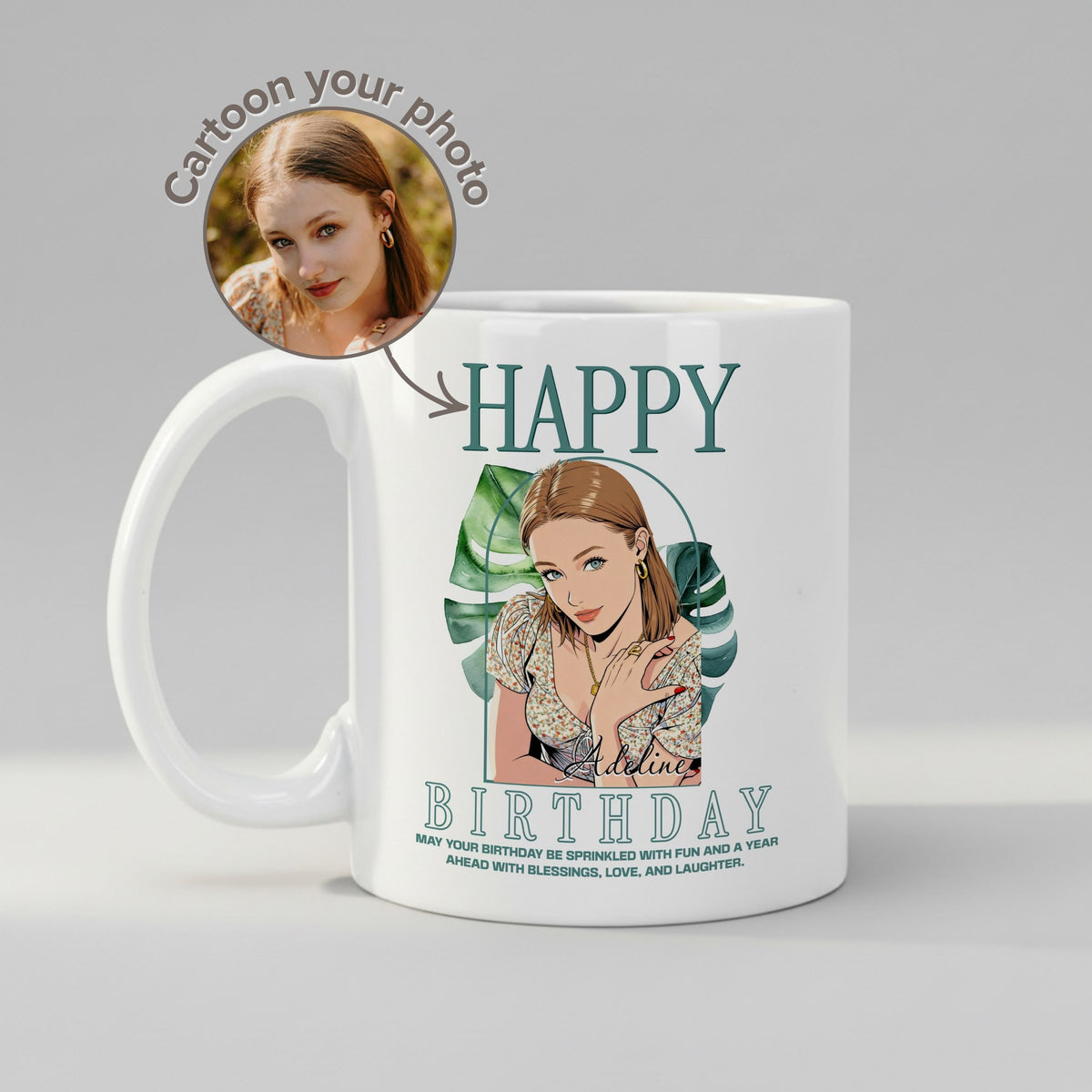 Personalised Cartoon Photo mug, front view on white background