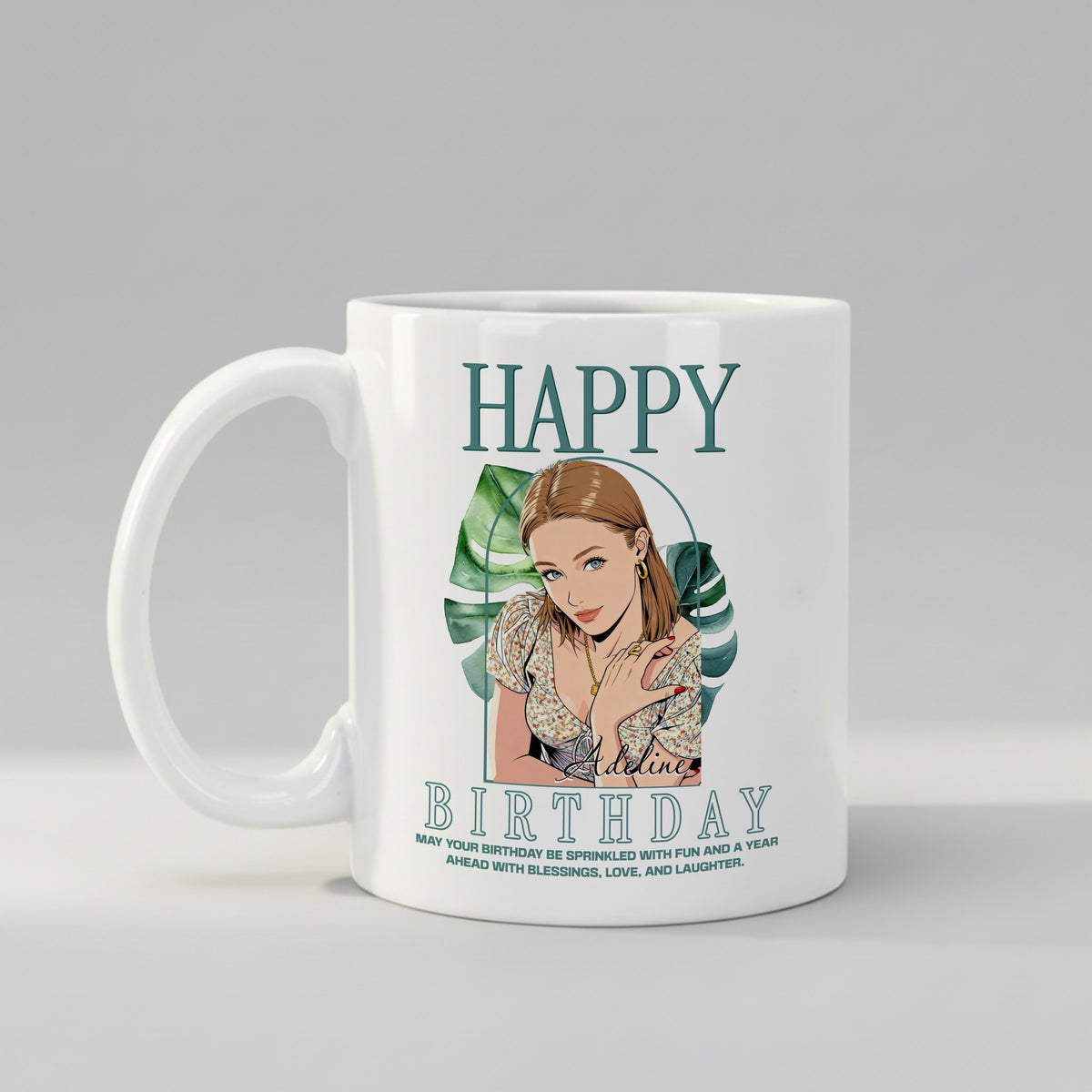 Personalised Cartoon Photo mug from a side angle