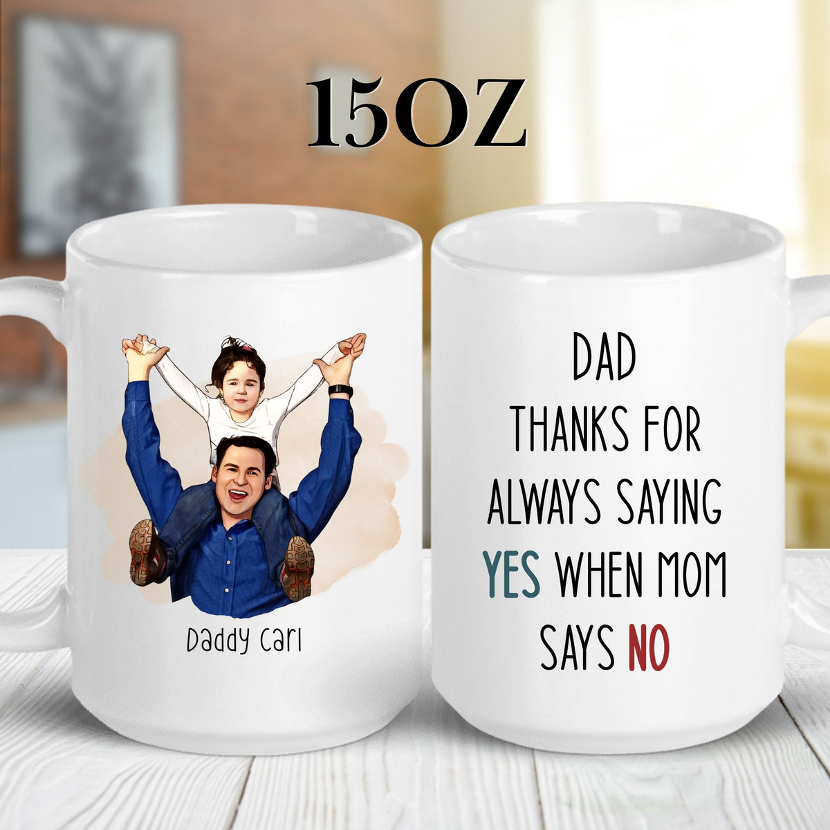 Personalised Cartoon Photo Dad Father's mug in a lifestyle setting