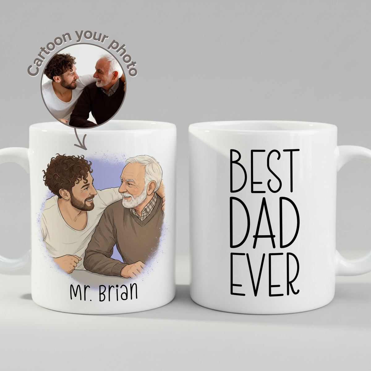 Personalised Cartoon Photo Mug for Dad mug, front view on white background